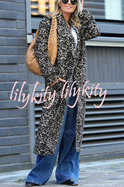 Leopard Affair Animal Print Epaulettes Long Sleeve Pocketed Lapel Midi Trench Coat