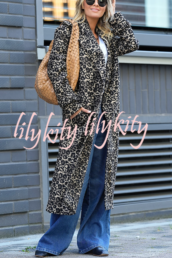 Leopard Affair Animal Print Epaulettes Long Sleeve Pocketed Lapel Midi Trench Coat