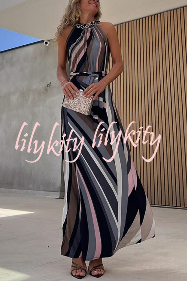 Flowing Elegance Colored Lines Printed Belt Halter Maxi Dress