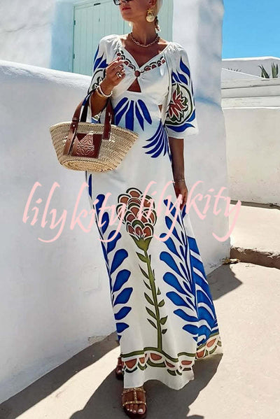 Linen Blend Unique Printed V-Neck Hollow Backless Lace-Up Holiday Maxi Dress