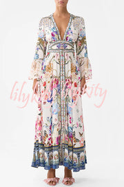 Fairy Tale Print V-Neck Lantern Sleeve Waist Maxi Dress