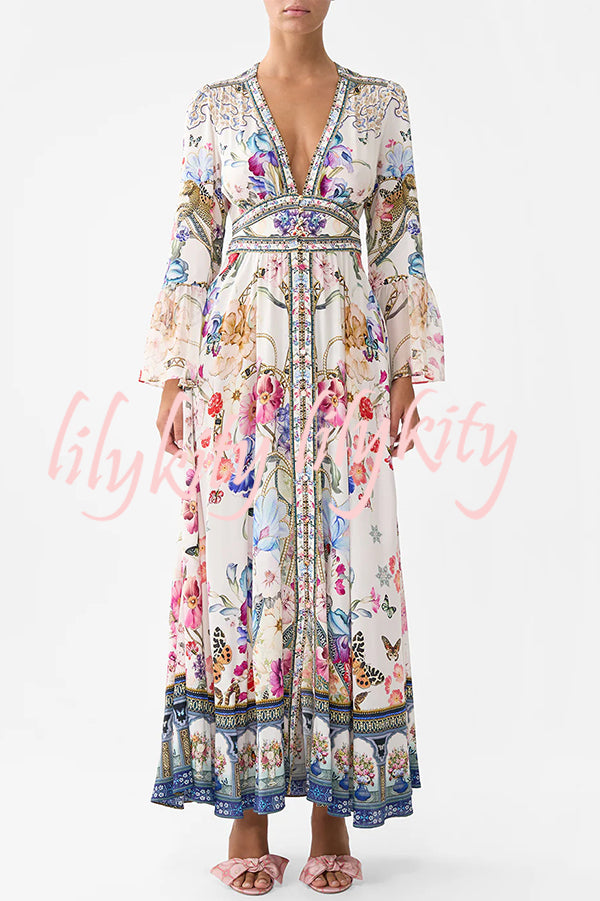 Fairy Tale Print V-Neck Lantern Sleeve Waist Maxi Dress