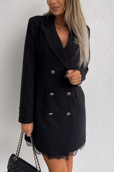 ‌Elegant Lace Panel Long-sleeved Button-down Suit Mini Dress