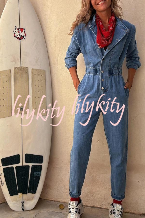 Carey Denim Button Up Long Sleeve Elastic Waist Pocketed Loose Jumpsuit