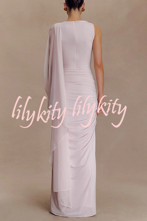 Fashionable Mesh Shawl Sleeveless Slim Fit Pleated Maxi Dress