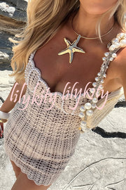 Fashion Pearl Embellished Knit Hollow Strap Mini Dress