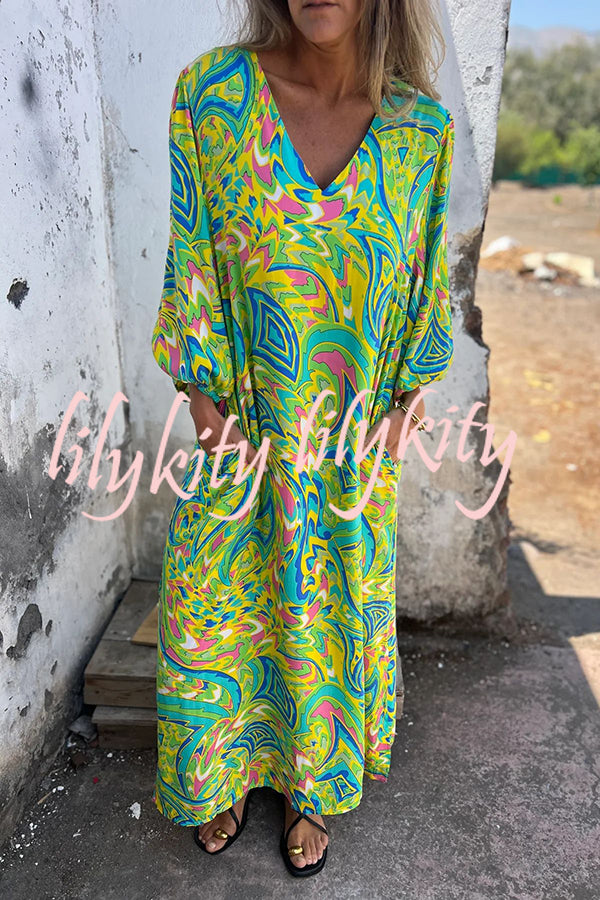 Unique Print V Neck Loose Pocket Holiday Maxi Dress