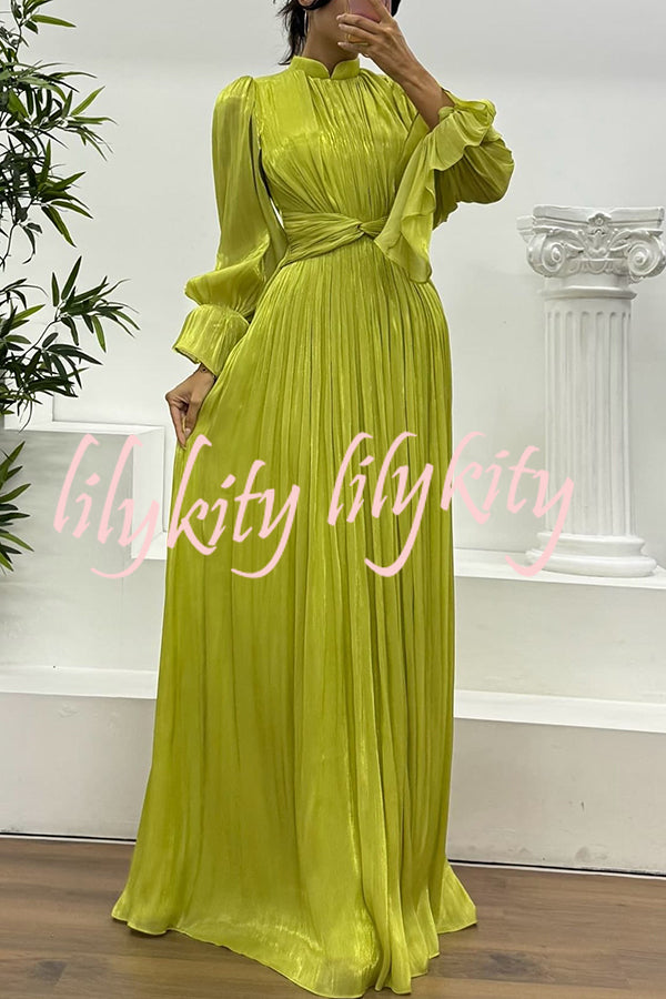 Ellah Shiny Fabric Chinese Stand Collar Twist Waist Balloon Sleeve Maxi Dress