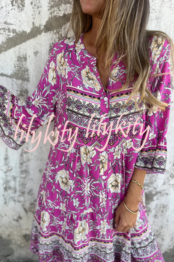 Ethnic Floral Print V-neck Loose Pocket Mini Dress