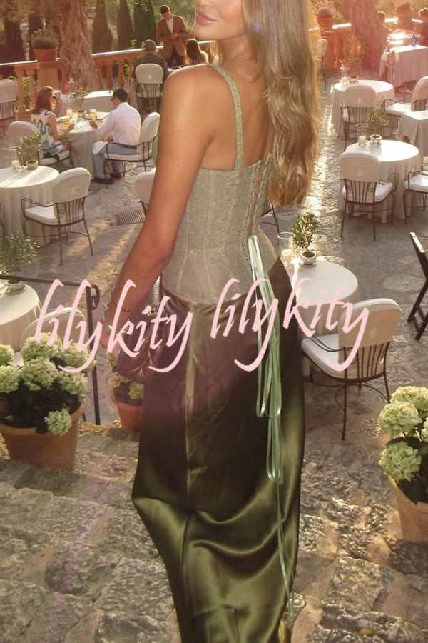 In A Fairytale Lace Satin Mid Rise Drape Maxi Skirt