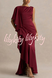 Freya Satin Boat Neck Waterfall Frill Sleeve Drape Maxi Dress