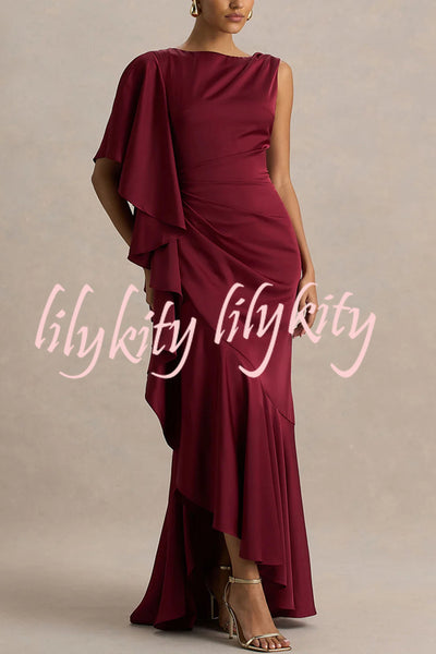 Freya Satin Boat Neck Waterfall Frill Sleeve Drape Maxi Dress