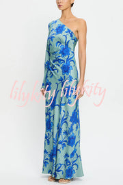 Satin Botanical Print One-Sleeve Resort Maxi Dress