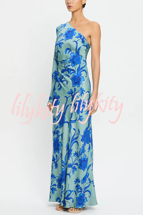 Satin Botanical Print One-Sleeve Resort Maxi Dress