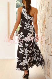 Charming One Shoulder Lace Up Cutout Pleated Maxi Dress