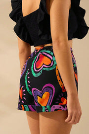 Heart Graffiti Print Casual Side Zipper Shorts