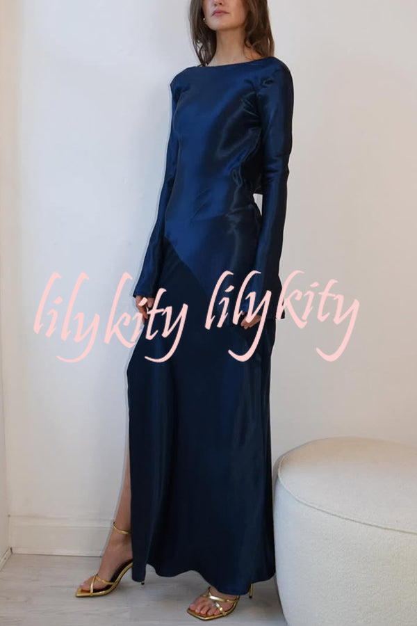 Satin Elegant Long-sleeved Open-back Slim-fit Slit Maxi Dress