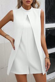 Solid Color Stand Collar Sleeveless Fake Two-piece Casual Rompers