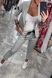 Smart Casual Lapel Blazer and Elastic Waist Tie Pocket Pants Set