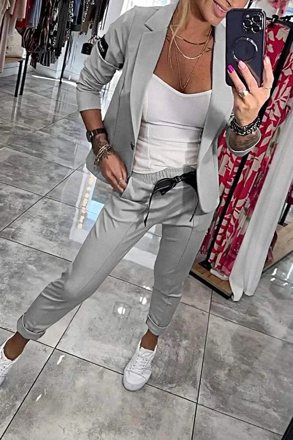 Smart Casual Lapel Blazer and Elastic Waist Tie Pocket Pants Set