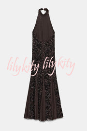 Twilight Gleam Sequin Textured Tulle Hem Halter Backless Maxi Dress