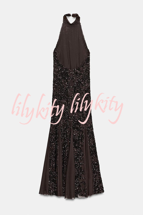 Twilight Gleam Sequin Textured Tulle Hem Halter Backless Maxi Dress