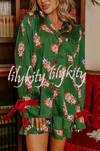 Christmas Dreaming Satin Nutcrackers Print Velvet Trim Elastic Waist Pocketed Pajama Shorts Set