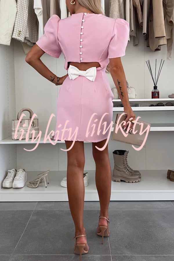 Unique and Romantic Slit Short Sleeve Backless Removable Satin Bow Mini Dress