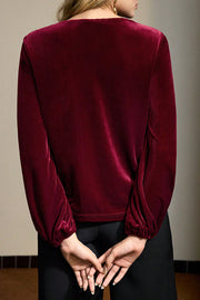 Fashionable Velvet Pleated Long-sleeved Knotted Casual Top
