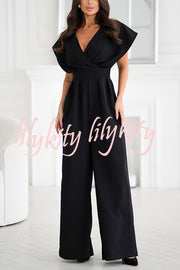 Solid Color V-neck Waist Casual Wide-leg Jumpsuit