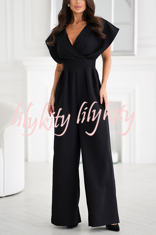 Solid Color V-neck Waist Casual Wide-leg Jumpsuit