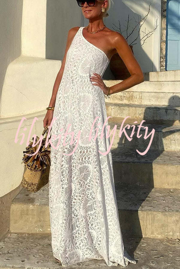 Pure Soul Unique Lace Pattern One Shoulder Slit Vacation Maxi Dress