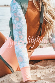 Floral Print Paneled Long-sleeved Open Back Stretch One-piece Swimsuit