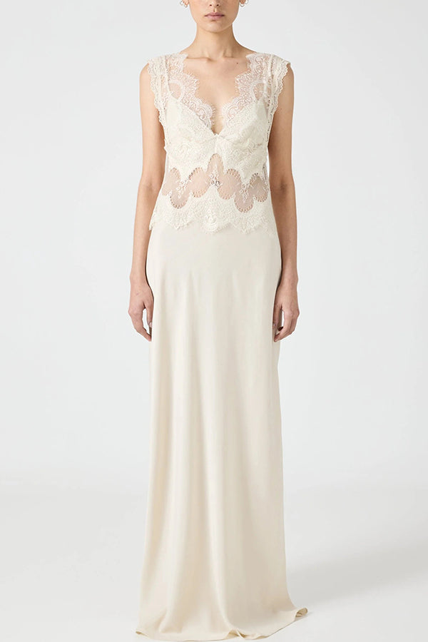 Wonderful Fusion Satin Lace Trim See-through Waist V-neck Drape Maxi Dress
