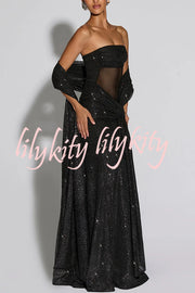 Paula Sequined Mesh and Jersey Off Shoulder Ruched Knot Drape Shawl Maxi Dress
