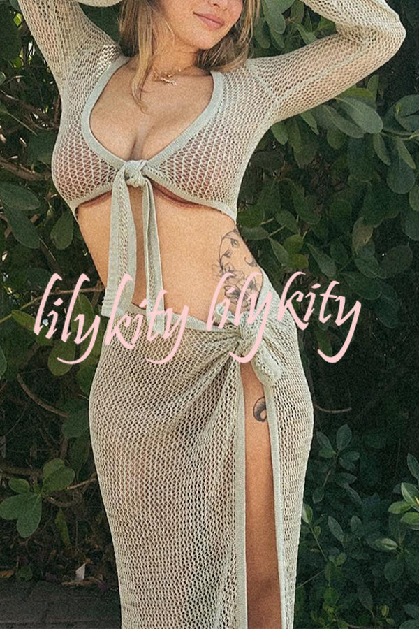 Knitted Slit See Through Hollow Tie Skirt Suit