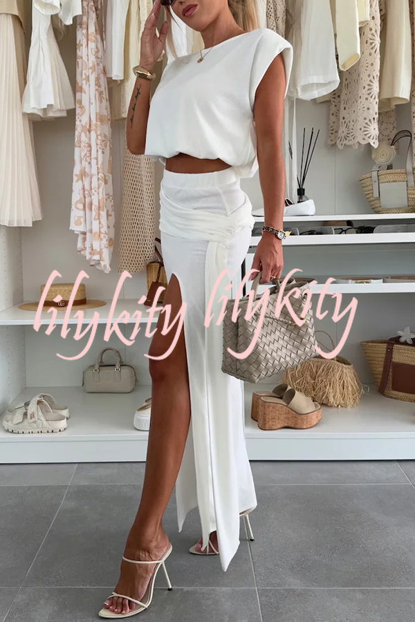 Comfortable Stylish Round Neck Sleeveless Casual Top and Elastic Waist Ruched Tie Slit Midi Skirt Set