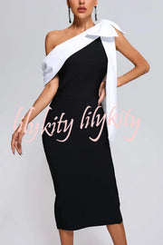 Elegant Evening Look One Shoulder Bandage Bow Stretch Midi Dress