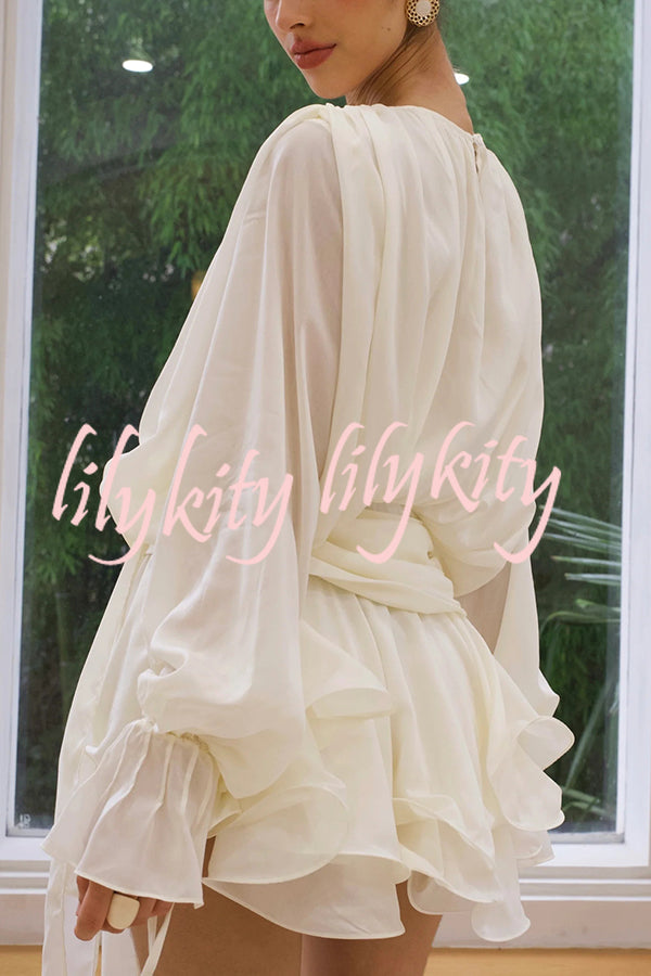 Solid Color Long Sleeve V-Neck Lace-Up Elegant Flower Decorated Mini Dress