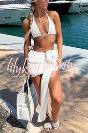 Solid Color Sexy Lace-Up Stretch Two-Piece Bikini Swimsuit and Flower Decorated Beach Mini Skirt Set