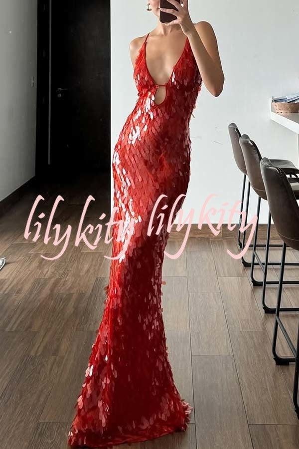 Reshape Beauty Fish Scale Sequin Cutout U-neck Slip Maxi Dress