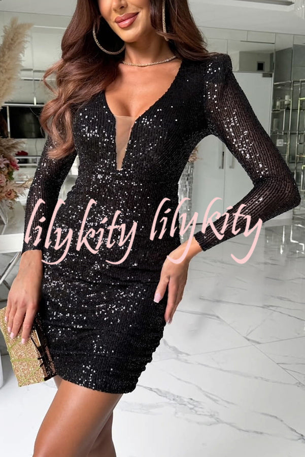 Dreamy and Dazzling Sequin Mesh V-neck Long Sleeve Ruched Stretch Mini Dress