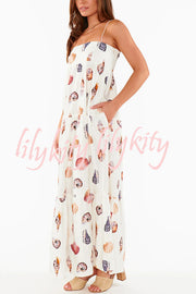 Long Weekend Linen Blend Shells Unique Print Smocked Pocket Lightweight Maxi Dress