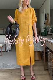 Ultra-comfortable Linen Blend Half Sleeve Front Button Detail Relaxed Pocket Midi Dress