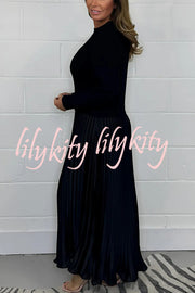 Stylish Knitted Round Neck Long Sleeve Patchwork Pleated Hem Maxi Dress