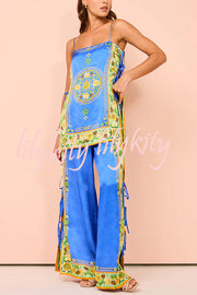 Nara Satin Unique Print Side Lace-up Tank and Elastic Waist Pocketed Wide Leg Pants Set