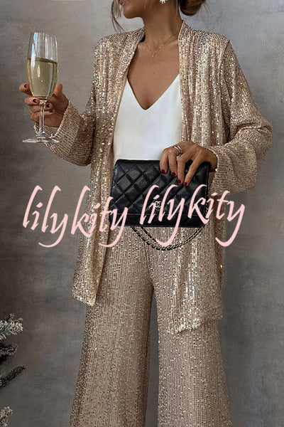 Party Scene Sequin Open Front Long Sleeve Drape Coat