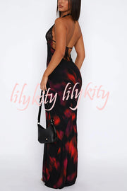 Fashion Printed Halter Neck Backless Lace-Up Sexy Slim Maxi Dress