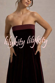 Center of Attention Velvet Satin Neck Bandeau Pleated Midi Dress