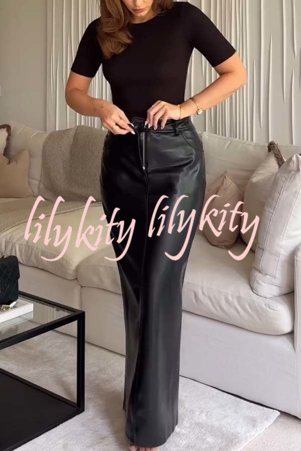 Classic Feel Faux Leather Mid Rise Pocket Slit Stretch Maix Skirt